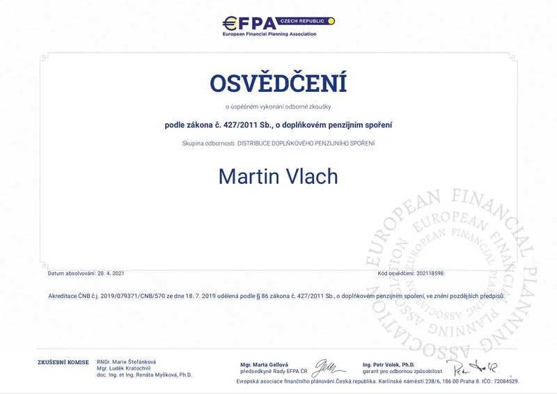Certifikát - Doplňkové penzijní spoření