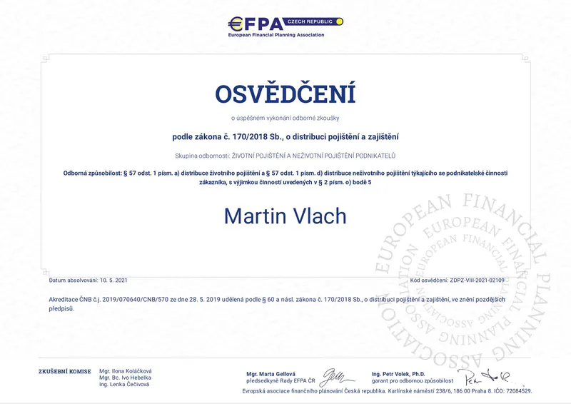 Certifikát - Distribuce pojištění a zajištění